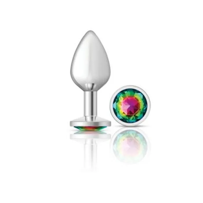 Anal Cheeky Charms Silver Round Butt Plug w Rainbow Jewel Medium Cheeky Charms