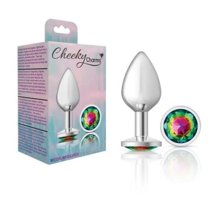 Anal Cheeky Charms Silver Round Butt Plug w Rainbow Jewel Medium Cheeky Charms