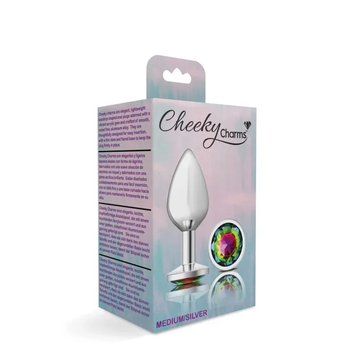 Anal Cheeky Charms Silver Round Butt Plug w Rainbow Jewel Medium Cheeky Charms