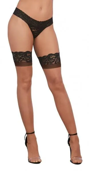 Cuban Heel Lace Top Thigh High Stockings Nude Black OS Black Diamond Anal