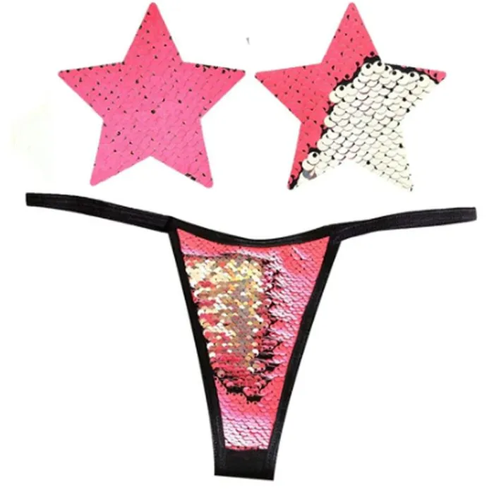 Dildos Neva Nude Bitchin Neon Pink and Silver Blacklight Sequin Pastie and Panty Set