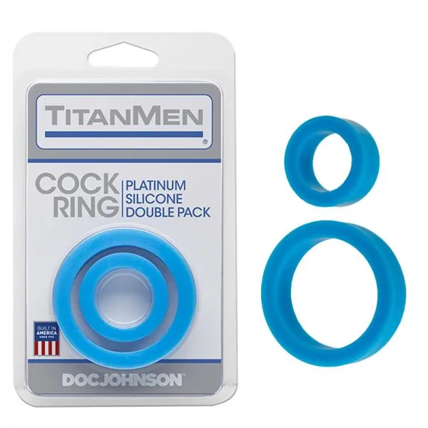 Doc Johnson Titanmen Cock Ring Platinum Silicone Double Pack Blue Male Sex Toys