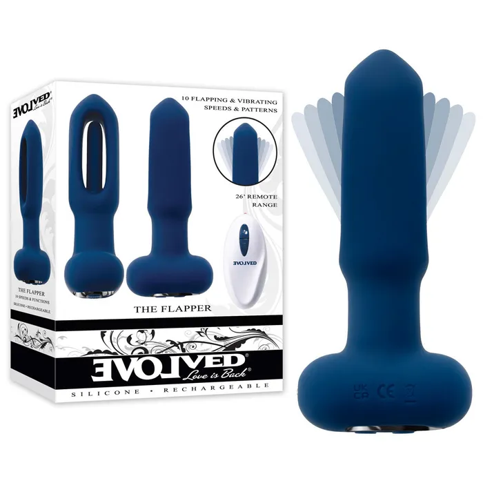 Evolved THE FLAPPER Blue 14 cm USB Rechargeable Vibrating and Flapping Butt Plug with Remote Evolved Male Sex Toys