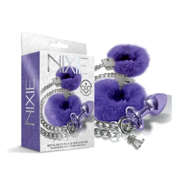 Global Novelties LLC Anal Nixie Metal Butt Plug Furry Handcuff Set Medium Purple Metallic