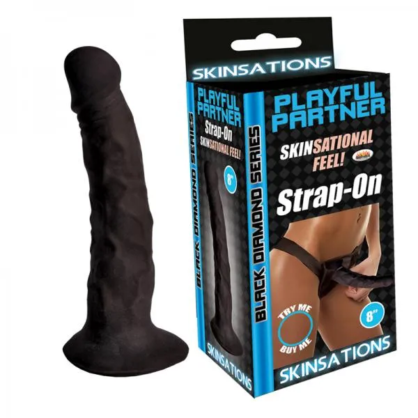 Hott Products Female Sex Toys Skinsations Black Playful Partner Strap On Dildo Harness 8 Inches