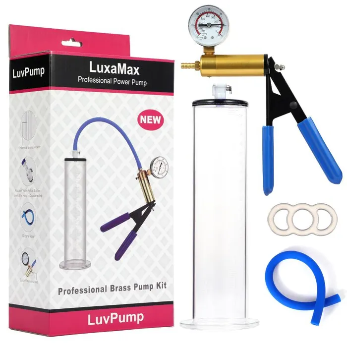 LuvPump Male Sex Toys LuxaMax Brass Handle Penis Pump Set with Gauge Transparent