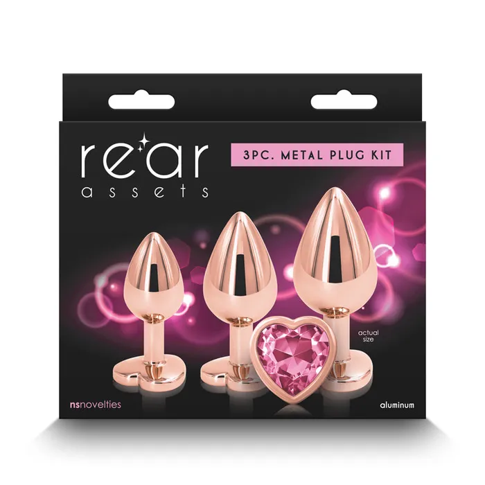 NS Novelties Rear Assets Trainer Kit Rose Gold Pink Heart Rose Gold Metallic Butt Plugs with Pink Hearts Set of 3 Sizes Anal