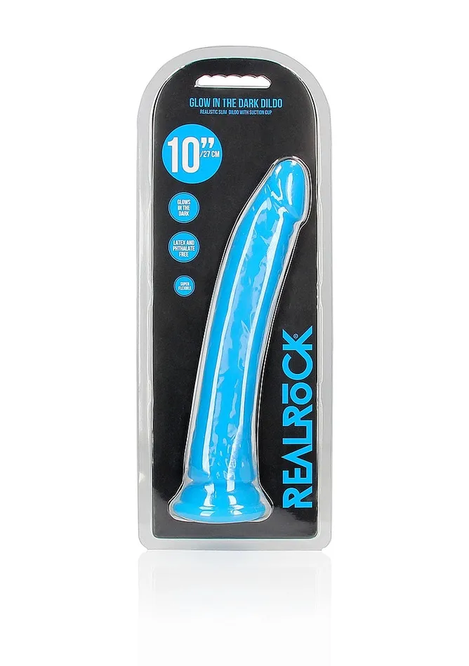 Realrock Dildos 10 Inch Slim Glow in the Dark Neon Blue