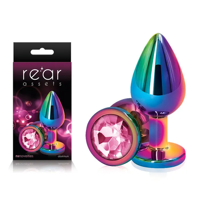 Rear Assets Multi Coloured Medium Multi Coloured Medium Metal Butt Plug with Pink Gem Base NS Novelties Anal