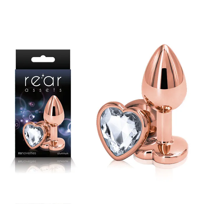 Rear Assets Rose Gold Heart Small Rose Gold Small Metal Butt Plug with Clear Heart Gem Base NS Novelties Anal