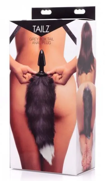 Tailz Grey Fox Tail Faux Fur Anal Plug Black White Tailz Anal