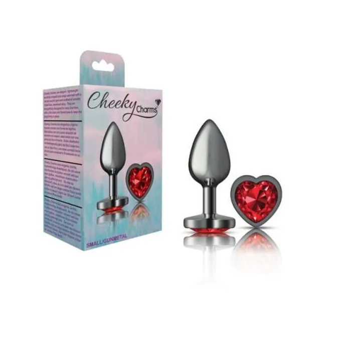 Viben Anal Cheeky Charms Gunmetal Butt Plug w Heart Red Jewel Small