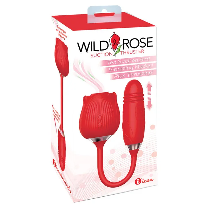 Vibrators Icon Brands Wild Rose Suction Thruster Red USB Rechargeable Air Pulse Thrusting Stimulator