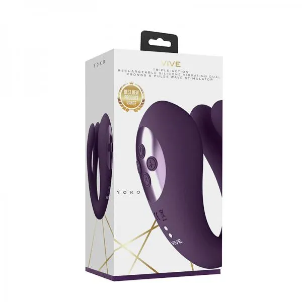 Vibrators Seductucom Vive Yoko Rechargeable Triple Action Silicone Vibrator Dual Prongs With Clitoral Pulse Wave Purple