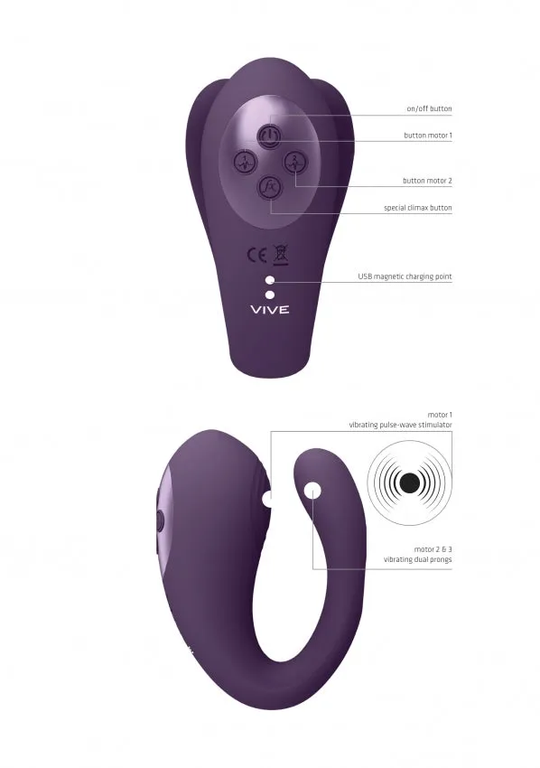 VIVE Triple Action Vibrator Dual Prongs with Clitoral Pulse Wave Yoko Purple Shots Toys Vibrators