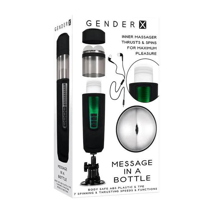 Evolved Novelties Inc Anal Gender X Message In A Bottle Rechargeable Thrusting Spinning Stroker with Suction Cup Base Black