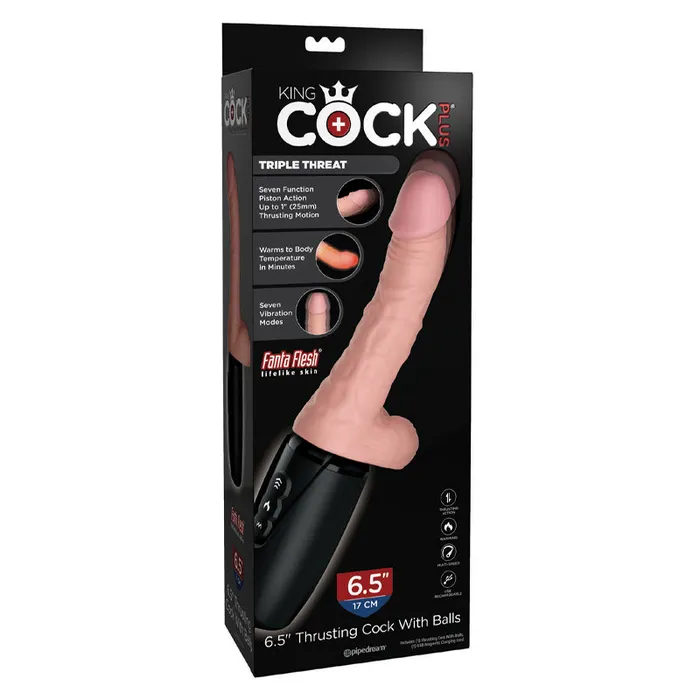 Pipedream Products Female Sex Toys Pipedream King Cock Plus 65 in Thrusting Cock With Balls Rechargeable Realistic Vibrator Beige