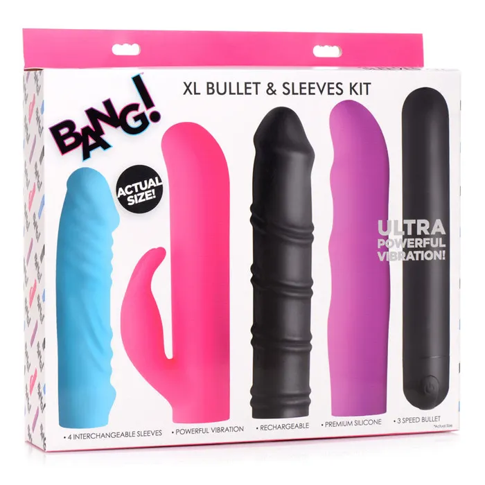 XR Brands Bang 4in1 XL Bullet Sleeve Kit USB Rechargeable XL Bullet with 4 Sleeves Female Sex Toys