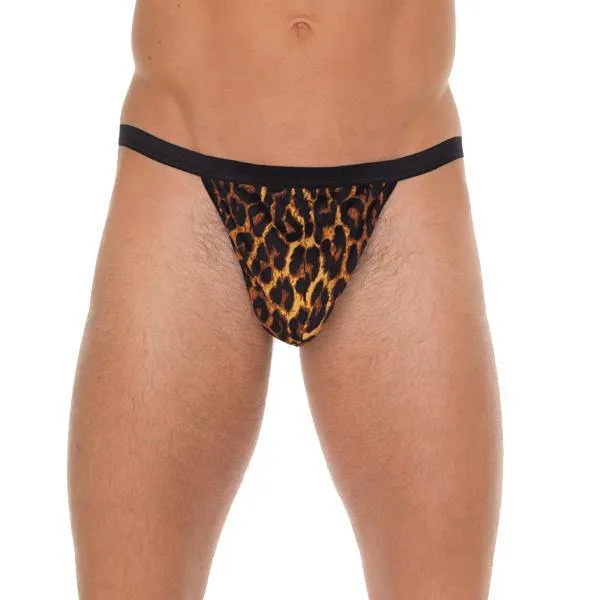 Anal Rimba Mens Black GString With Leopard Print Pouch