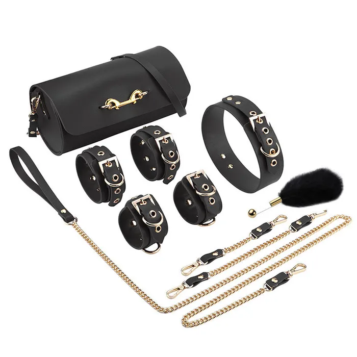 RY Couples RY Premium Real Leather Bondage Kit With Bag 6pcs Black