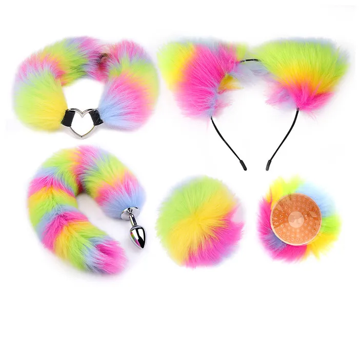 RY RY Cosplay Furry Fox Tail Anal PlugHeadbandNipple ClampCollar Bondage Kit Multicolor Anal