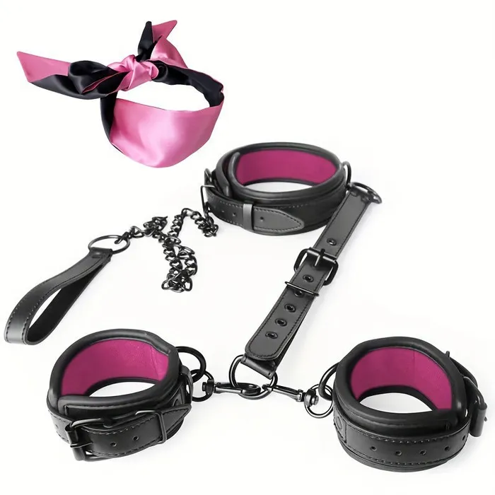 SexyPlay BDSM Restraint Bondage Kit NecktoWrist with Leash Eye Mask BlackRose Couples