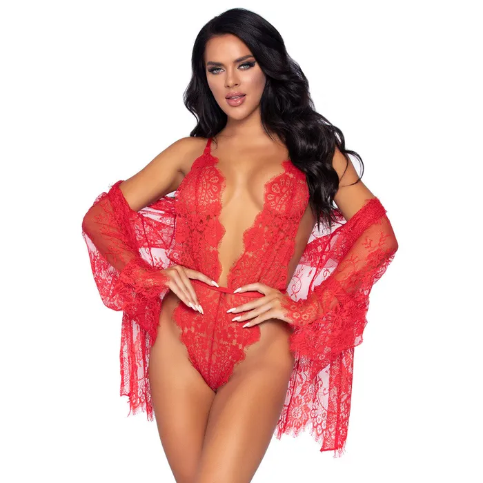 Vibrators Leg Avenue Lingerie Leg Avenue Floral Lace Teddy and Robe Red